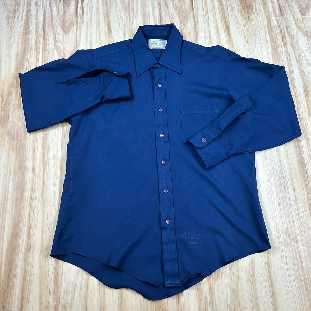 VTG Sears Golden Comfort Shirt Mens 16.5 34 Blue Button Up 70s Dagger Ultressa